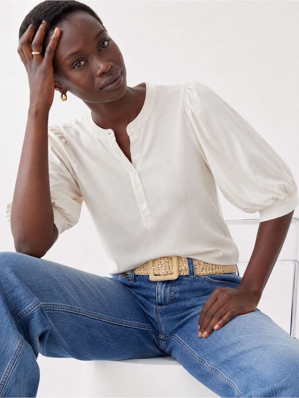 Veronica Beard Ivory Puff-Sleeve Henley Top